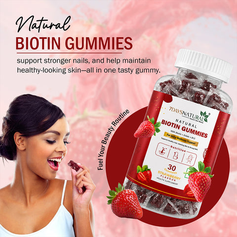 7DAYSNATURAL Biotin Gummies with Biotin, Folate & Vitamin B12, Strawberry Flavour, 30 Gummies