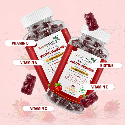 7DAYSNATURAL Biotin Gummies with Biotin, Folate & Vitamin B12, Strawberry Flavour, 30 Gummies