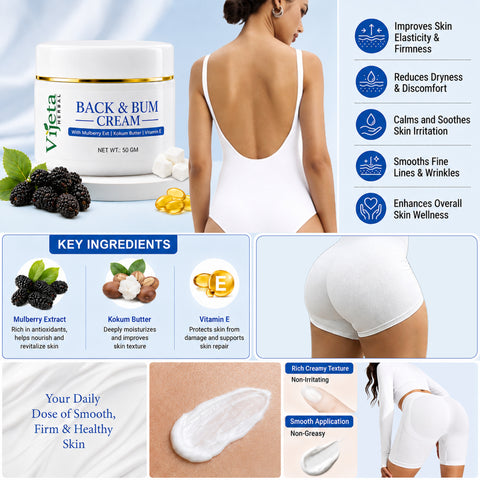 7DAYSNATURAL Back & Bum Cream with Mulberry Extract, Kokum Butter & Vitamin E – Moisturizing & Skin Smoothing Cream, 50g