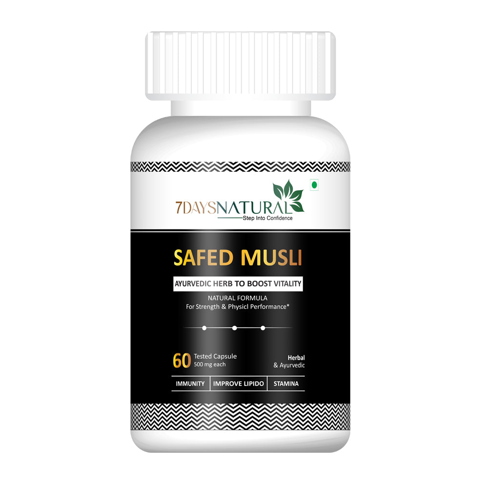 7DAYSNATURAL Safed Musli Capsules – Ayurvedic Herbal Supplement for Strength, Stamina & Physical Performance, 60 Capsules