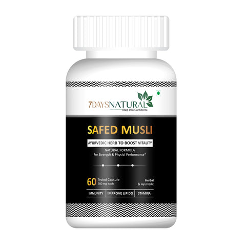 7DAYSNATURAL Safed Musli Capsules – Ayurvedic Herbal Supplement for Strength, Stamina & Physical Performance, 60 Capsules