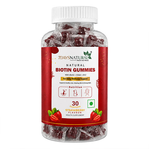 7DAYSNATURAL Biotin Gummies with Biotin, Folate & Vitamin B12, Strawberry Flavour, 30 Gummies
