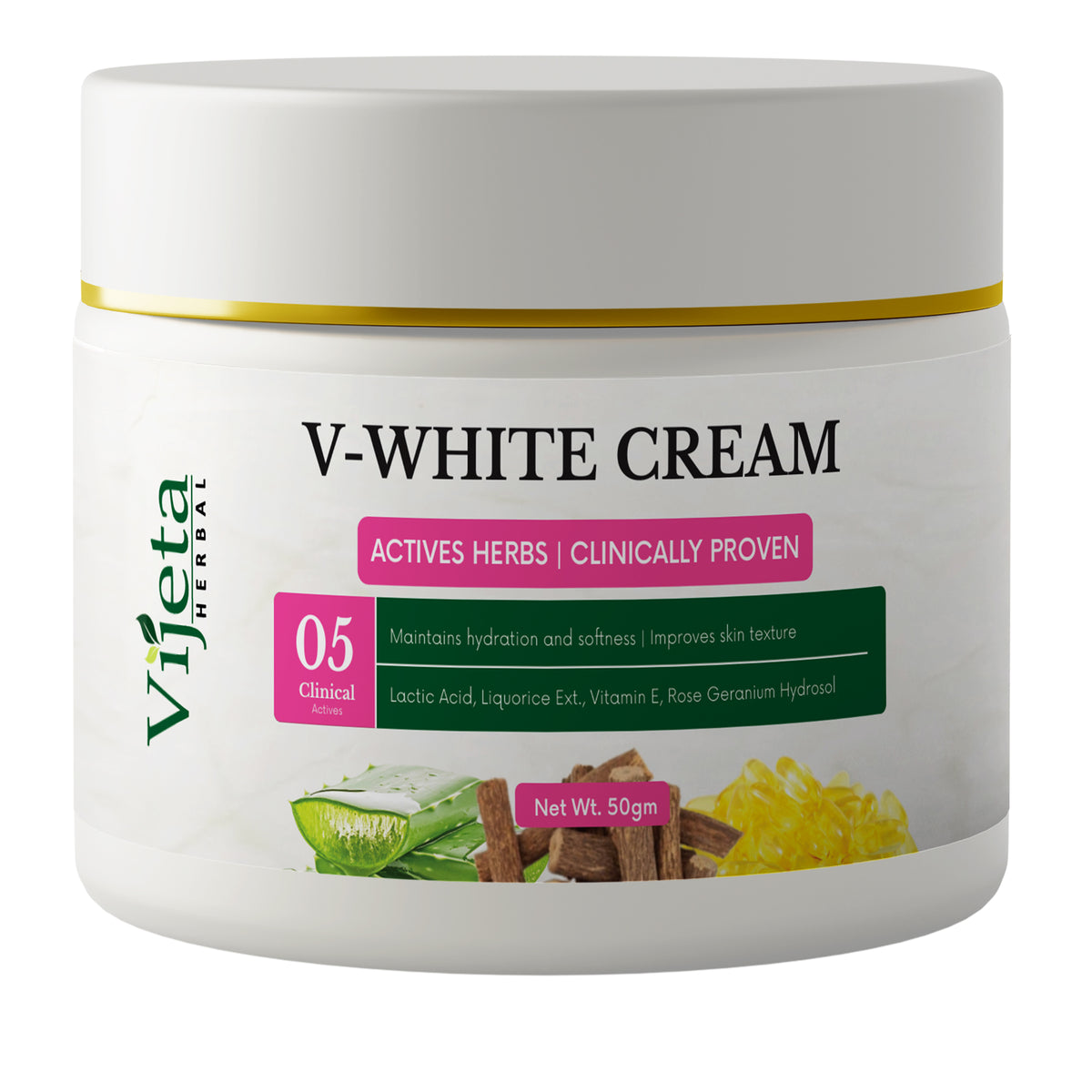 Vijeta Herbal V-White Cream | Hydrating & Skin Texture Cream with 5 Clinical Actives | 50g