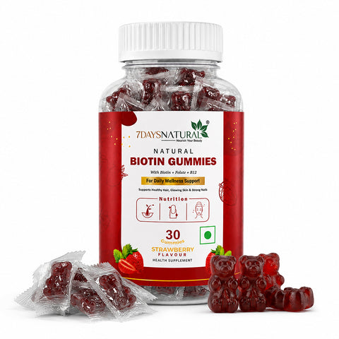 7DAYSNATURAL Biotin Gummies with Biotin, Folate & Vitamin B12, Strawberry Flavour, 30 Gummies