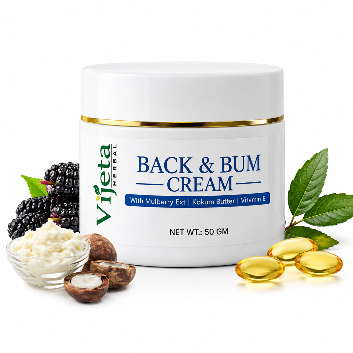 7DAYSNATURAL Back & Bum Cream with Mulberry Extract, Kokum Butter & Vitamin E – Moisturizing & Skin Smoothing Cream, 50g
