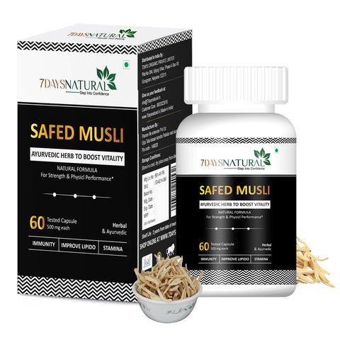 7DAYSNATURAL Safed Musli Capsules – Ayurvedic Herbal Supplement for Strength, Stamina & Physical Performance, 60 Capsules