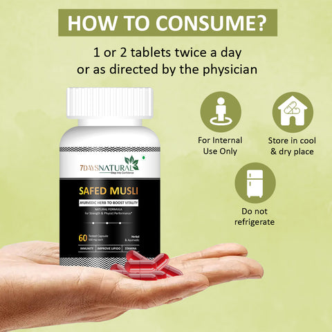 7DAYSNATURAL Safed Musli Capsules – Ayurvedic Herbal Supplement for Strength, Stamina & Physical Performance, 60 Capsules