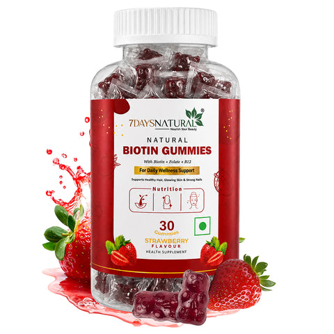 7DAYSNATURAL Biotin Gummies with Biotin, Folate & Vitamin B12, Strawberry Flavour, 30 Gummies