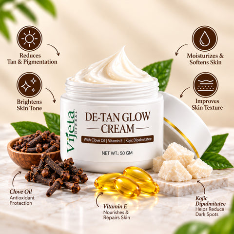 7DAYSNATURAL De-Tan Glow Cream with Clove Oil, Vitamin E & Kojic Dipalmitate – Skin Brightening & Tan Care Cream, 50g