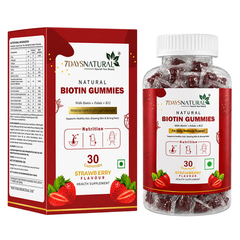 7DAYSNATURAL Biotin Gummies with Biotin, Folate & Vitamin B12, Strawberry Flavour, 30 Gummies