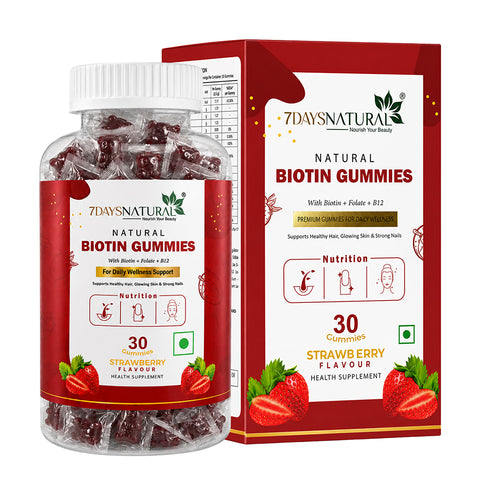 7DAYSNATURAL Biotin Gummies with Biotin, Folate & Vitamin B12, Strawberry Flavour, 30 Gummies