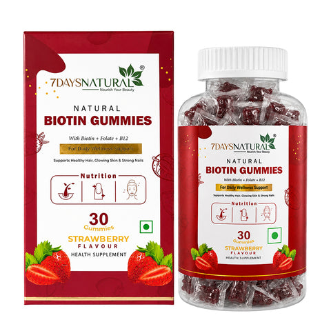 7DAYSNATURAL Biotin Gummies with Biotin, Folate & Vitamin B12, Strawberry Flavour, 30 Gummies