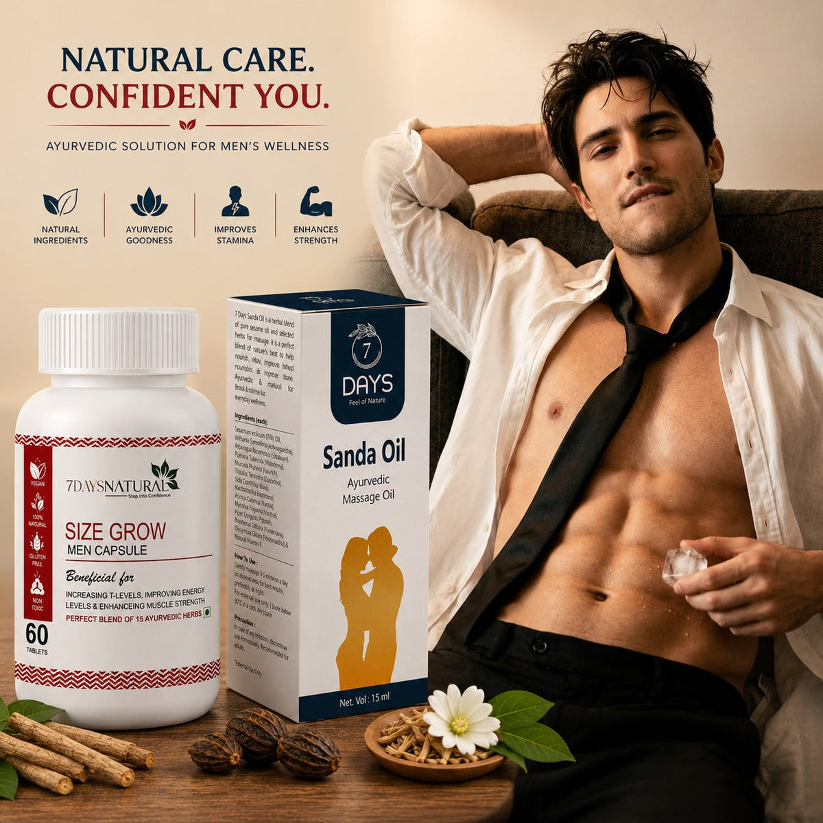 7DAYS  Men's Vitality Combo – Herbal Massage Oil & Herbal Capsules | Pack of 2 | Ayurvedic Formula